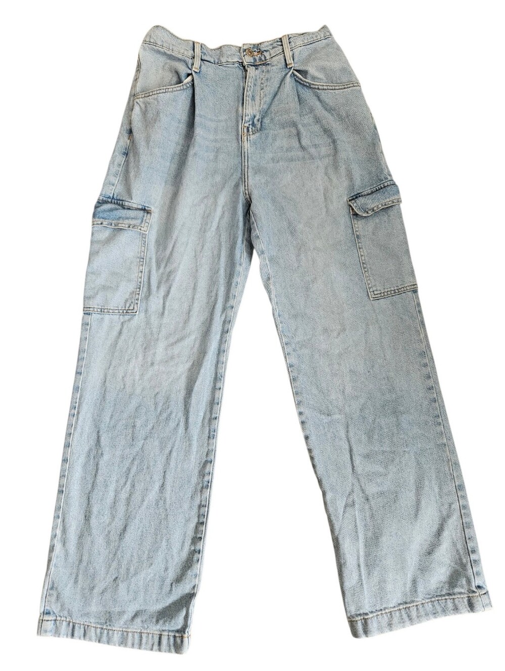 Forever 21 Light Wash Wide Leg Pleated Cargo Pants Sz Large Skater Grunge